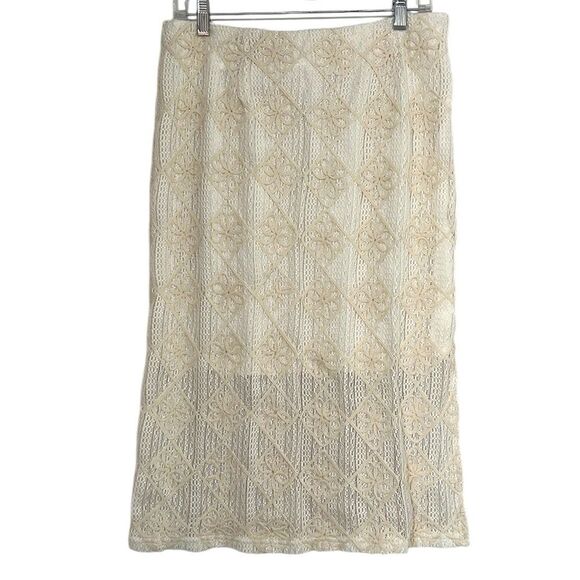 Solitaire Midi Skirt Woman's Size Medium Cream Crochet Overlay Flowers Boho NEW - Picture 1 of 13